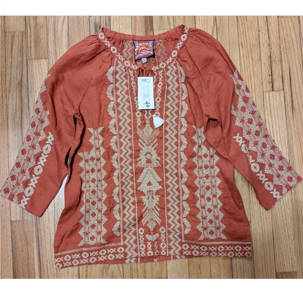 Johnny Was NWT Size S Tracy Linen Peasant Top Embroidered V Neck Tunic Shirt